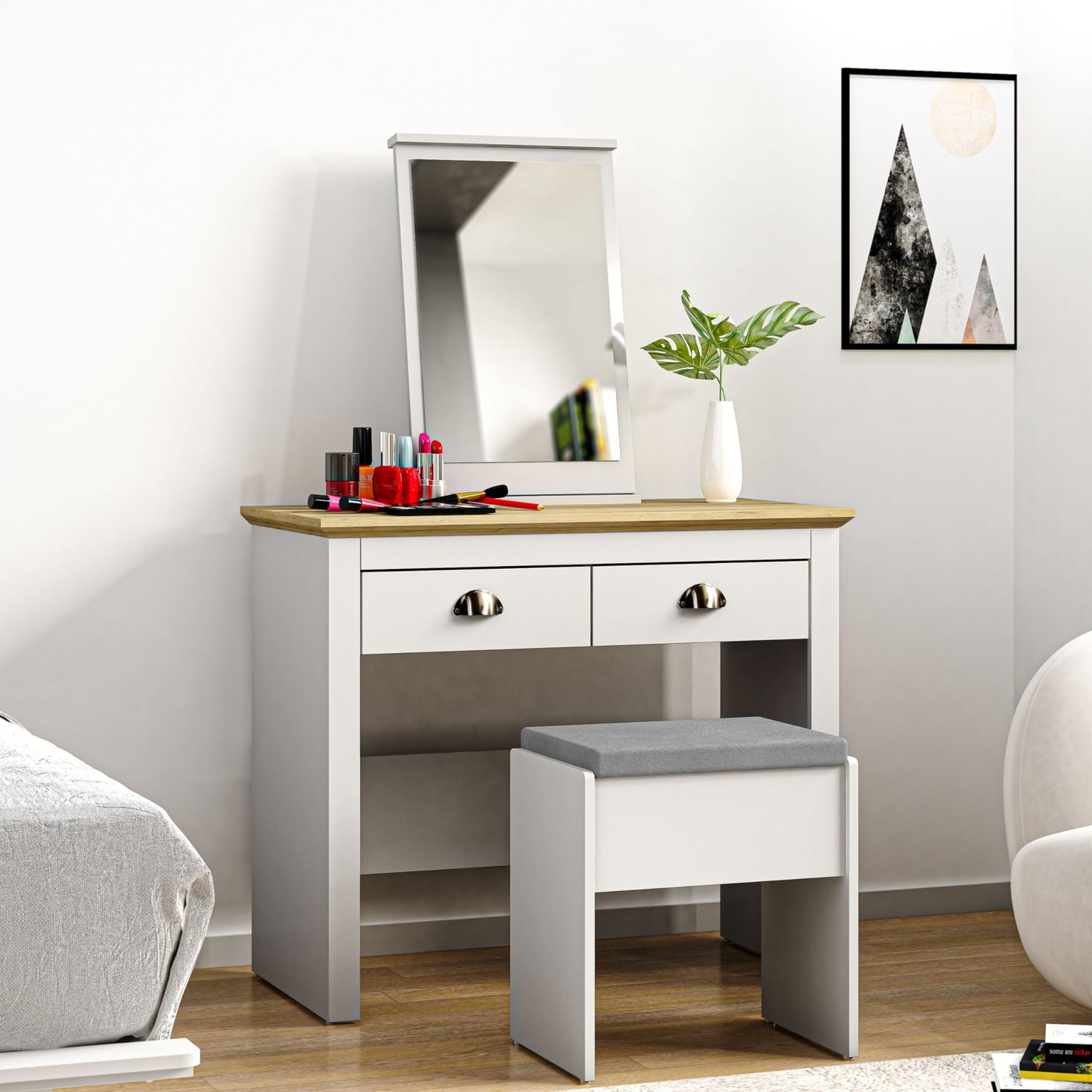 Galano Sufy Dressing Table with Mirror and Cushioned Stool - Bedroom Large Vanity Makeup Table with Drawer Storage – Console Table for Home Hallway and Living (Light Grey)