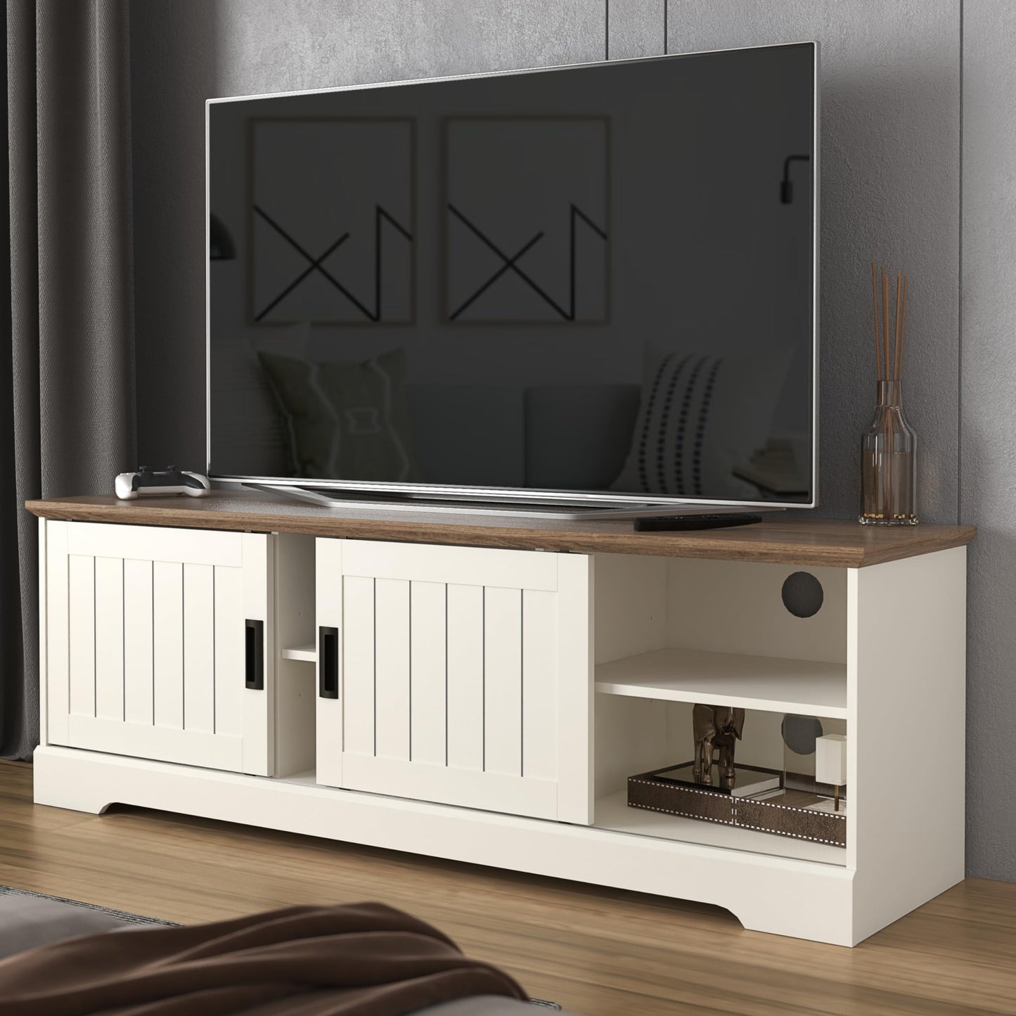 Galano Edison Wide TV Unit, Entertainment Centre for up to 65" TV, 150cm TV Unit with 2 Sliding Doors, TV Stand Cabinet for Living Room, Large Storage (Light Grey/Oak)