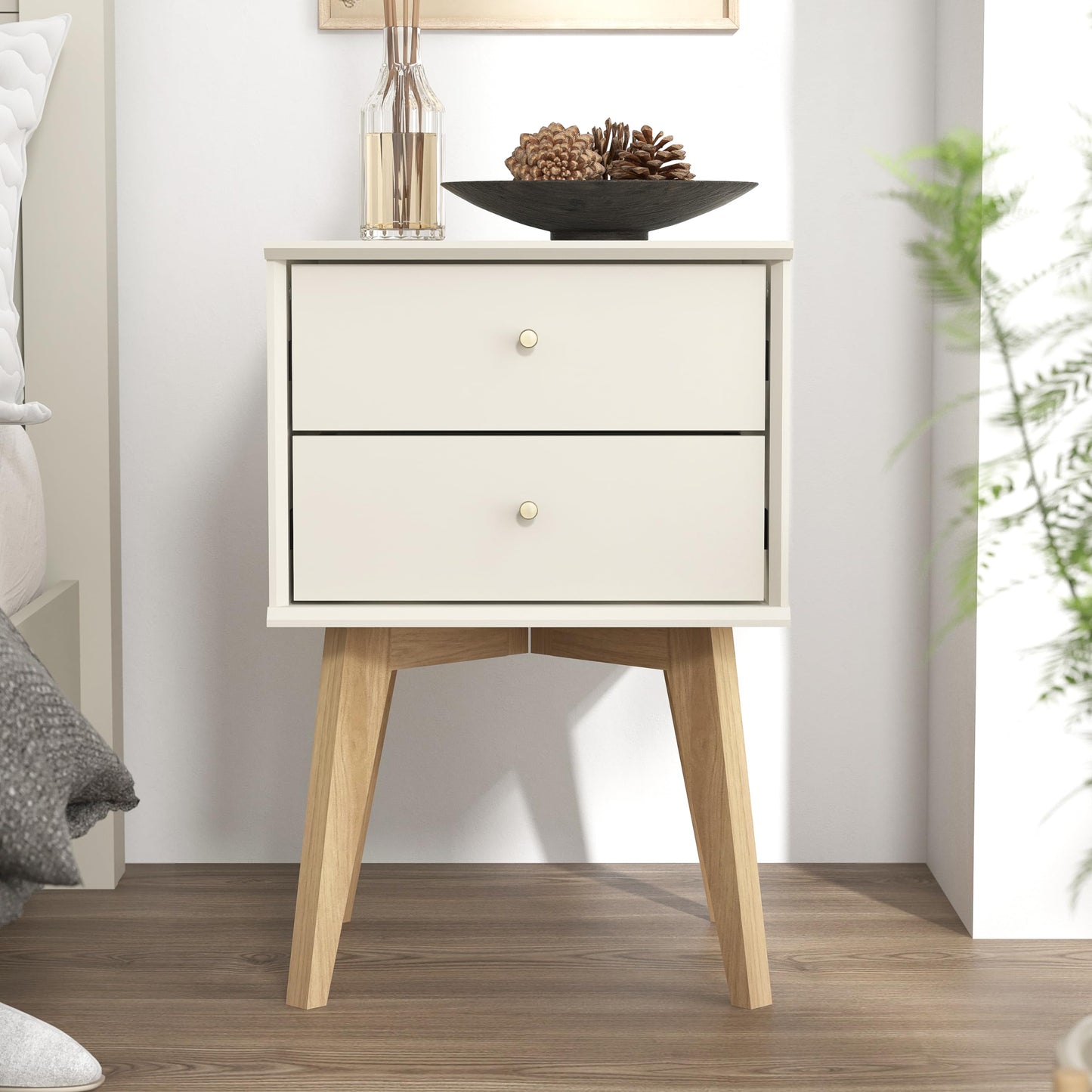 Galano Abby Bedside Table - Stylish 2 Drawer Bedside - Side Table with Storage - Storage Cabinet for Hallway - Entryway or Bedroom (Light Grey/Oak)