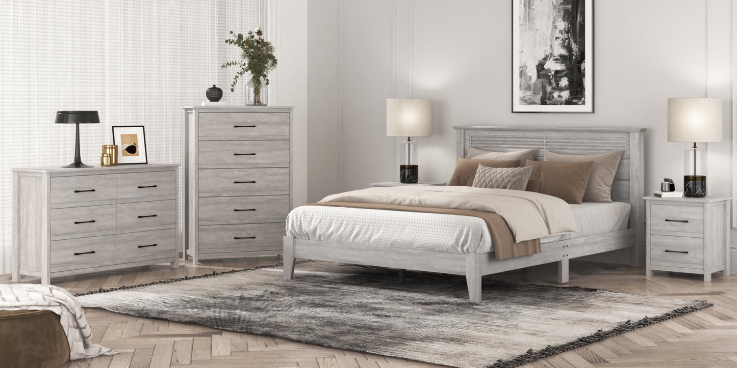 Galano Tiena Louvered Wood Platform Queen Bed Frame with Headboard, Mattress Foundation with Wood Slat Support, No Box Spring Needed, 65.75" L x 85.35" W x 40.16" H, Dusty Grey Oak