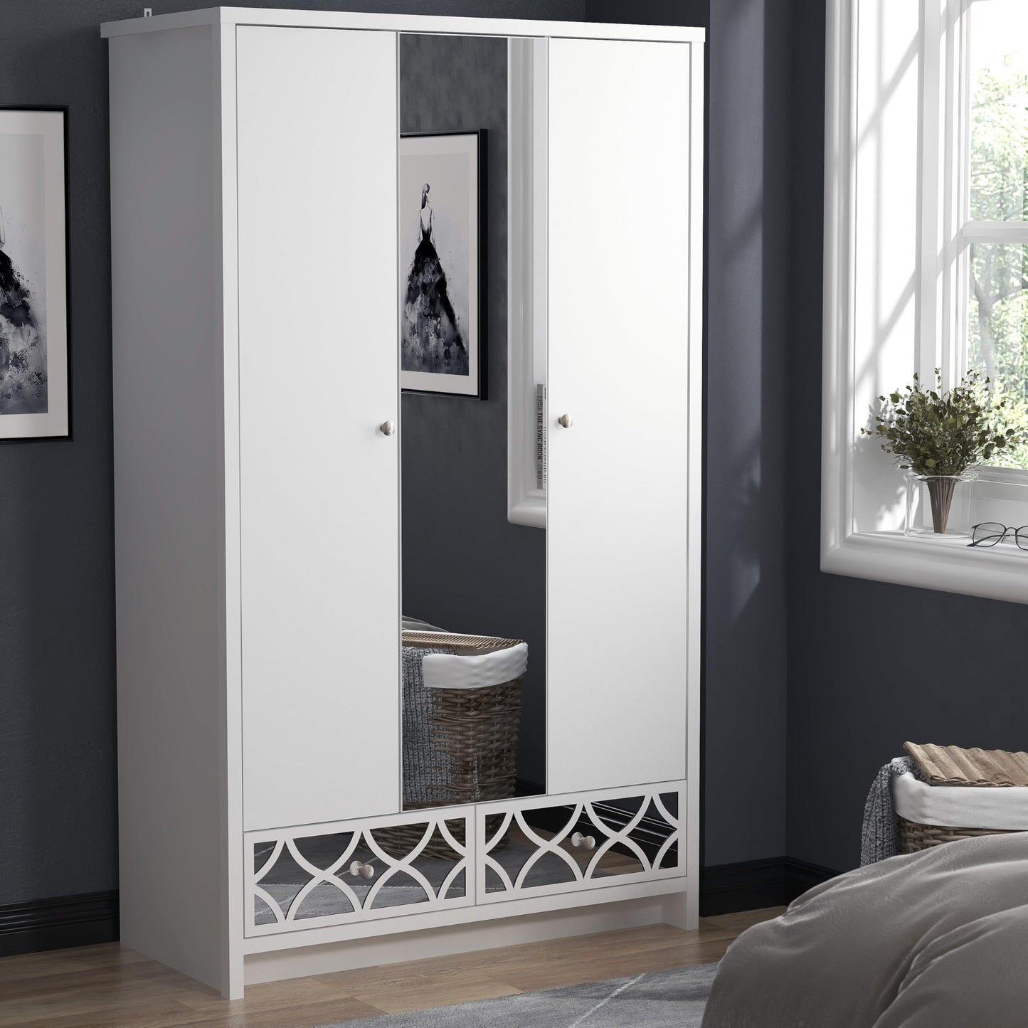 Galano Iris 3 Door 2 Drawer Wardrobe - Modern Stylish Bedroom Furniture Unit with Mirror Effect - Storage Organizer with Hanging Rail Storage and Drawer (Cool Grey)