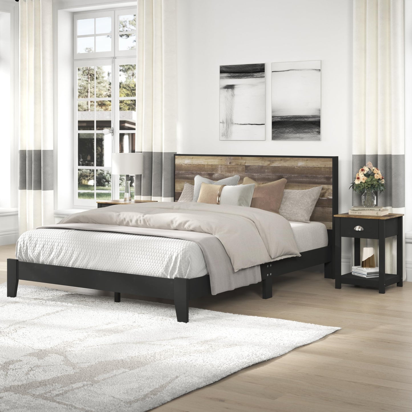 Galano Payne Queen Wood Bed Frame with Headboard & Set of 2 Nightstands, Fit 60'' x 80'' Mattress with Wood Slat Support, No Box Spring Needed, 64.2" L x 85.3" W x 40.1" H, Dusty Grey Oak