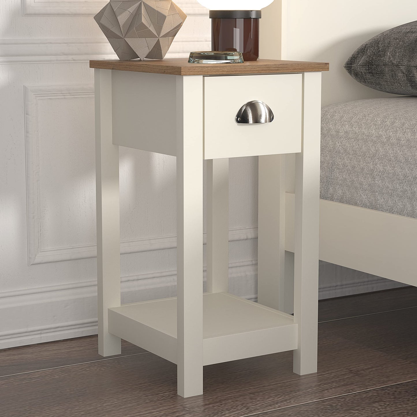 Galano Lilly Bedside Table - Stylish Bedside and Slim Bedside Table - Side Table with Storage - Organizers and Storage Cabinet for Hallway - Entryway or Bedroom (Cool Grey + Beaufort Oak)