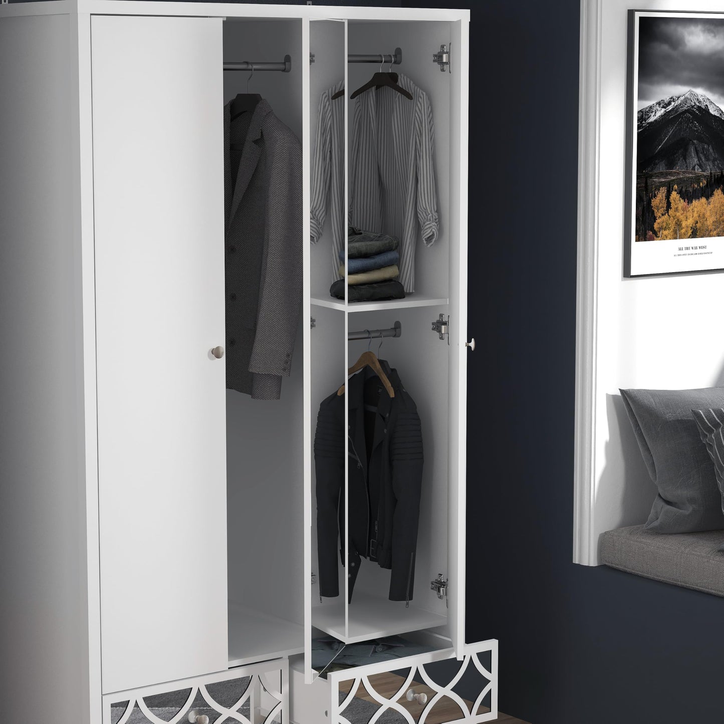 Galano Iris 3 Door 2 Drawer Wardrobe - Modern Stylish Bedroom Furniture Unit with Mirror Effect - Storage Organizer with Hanging Rail Storage and Drawer (Cool Grey)