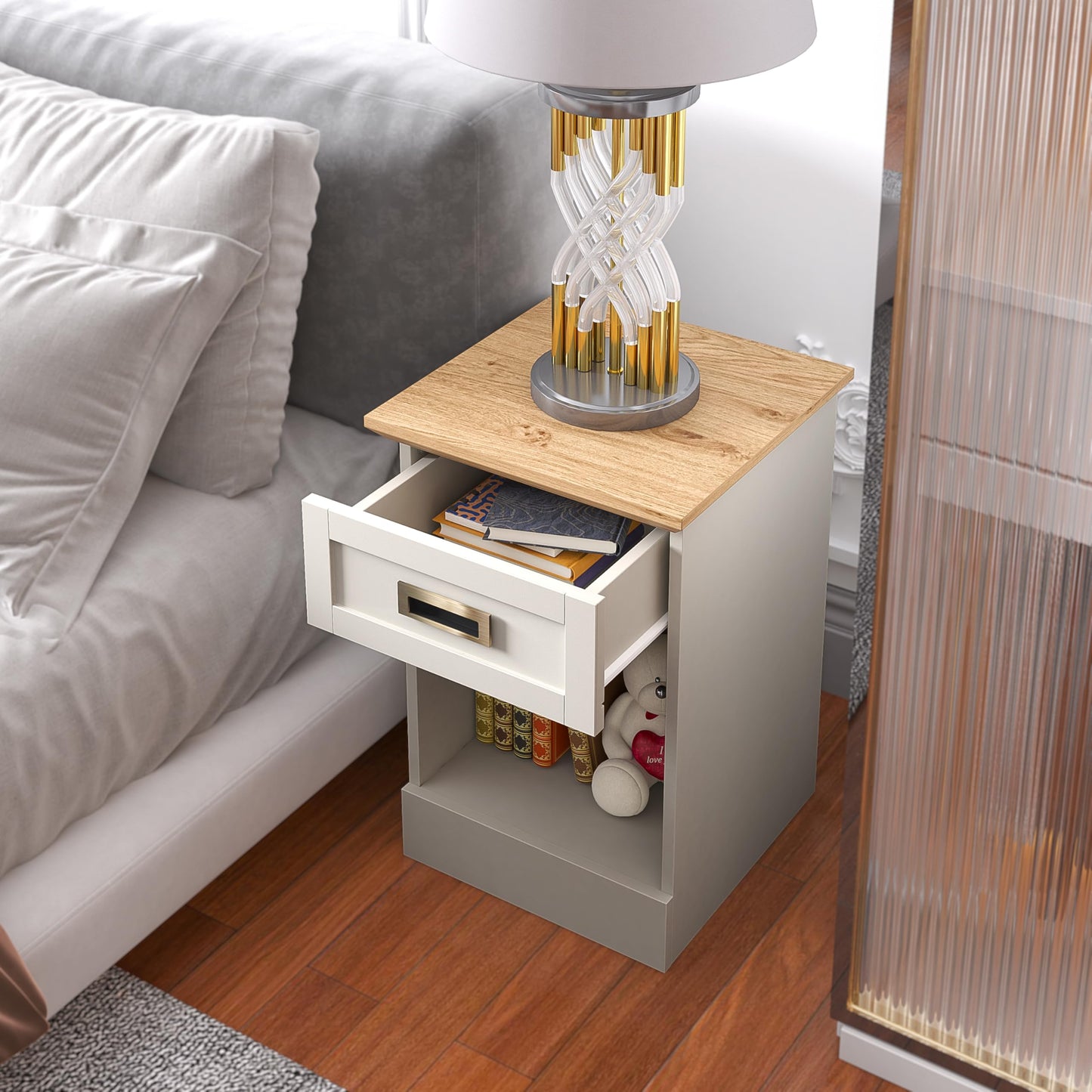 Galano Durban 1 Drawer Side Table - Modern Mirrored Lamp Table with Storage - Living Furniture - Organizers & Storage Cabinet for Hallway, Entryway (Light Grey/Oak)