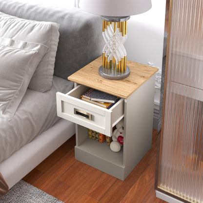 Galano Durban 1 Drawer Side Table - Modern Mirrored Lamp Table with Storage - Living Furniture - Organizers & Storage Cabinet for Hallway, Entryway (White/Oak)