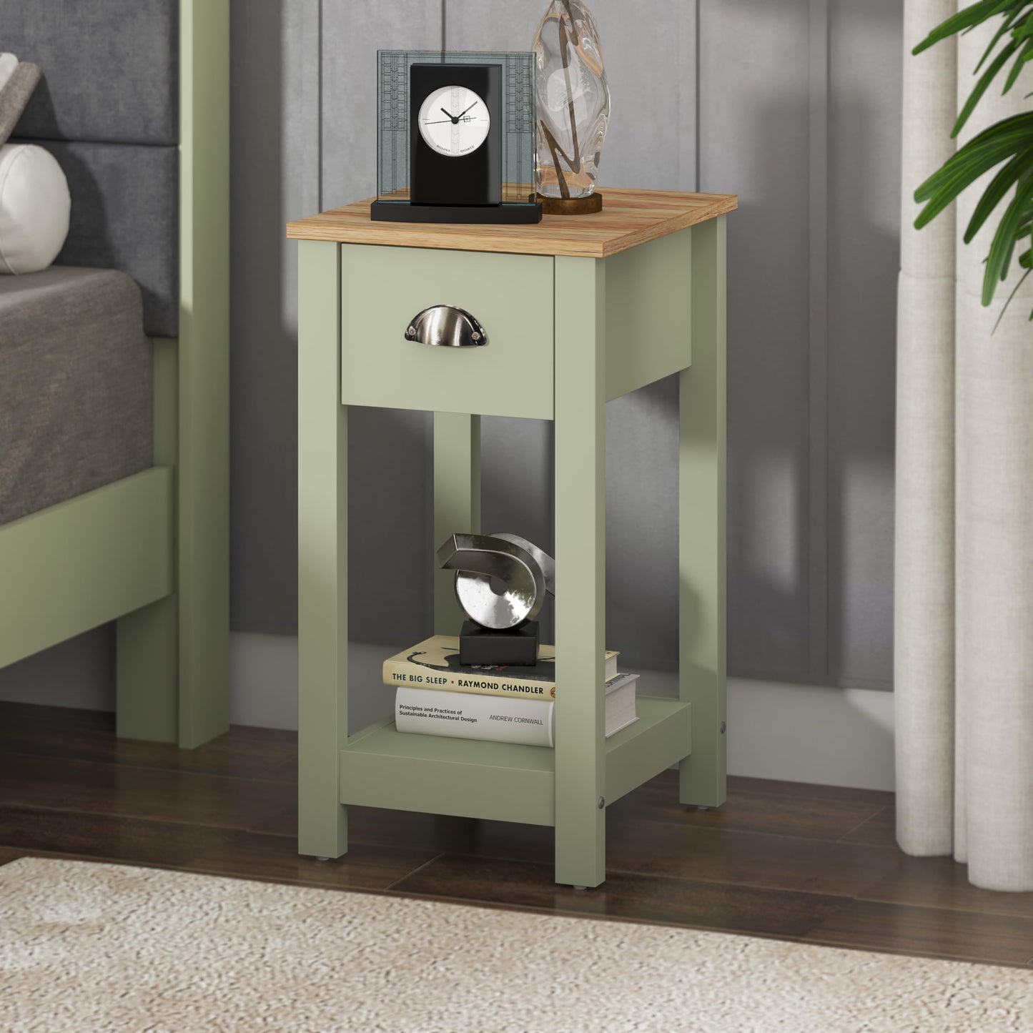 Galano Lilly Bedside Table - Stylish Bedside and Slim Bedside Table - Side Table with Storage - Organizers and Storage Cabinet for Hallway - Entryway or Bedroom (Cool Grey + Beaufort Oak)