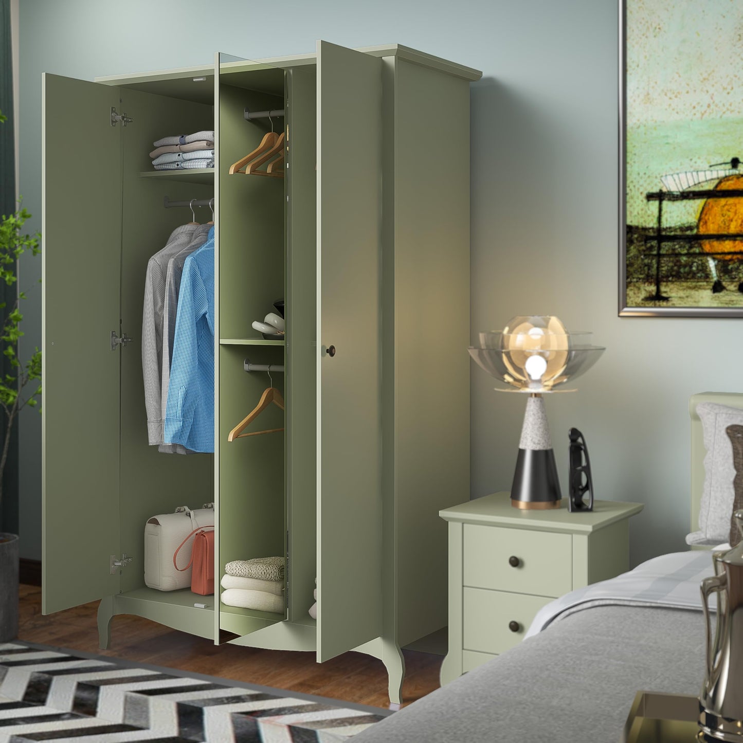 Galano Stella 2 Door Wardrobe - Stylish & Sturdy Wardrobe with Bar Gold Metal Handle - Bedroom Furniture Unit with Hanging Rail Storage (Light Green)