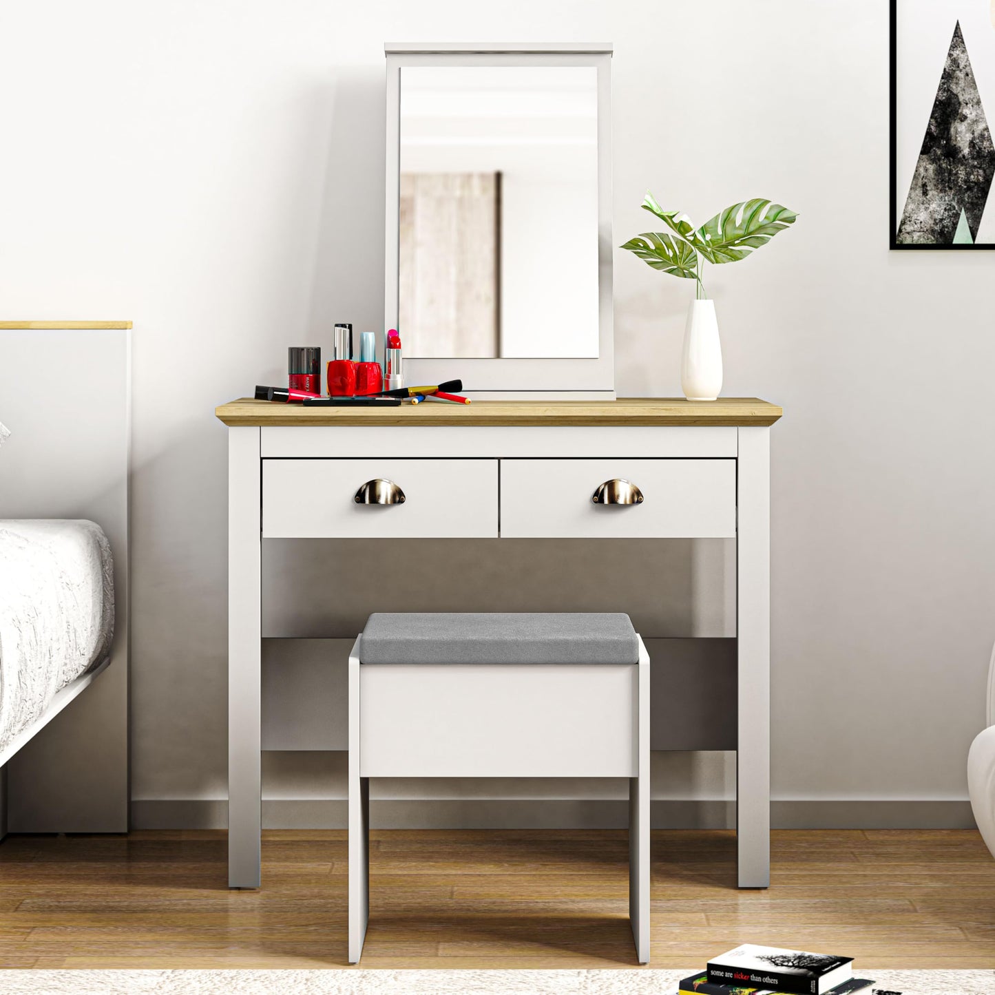 Galano Sufy Dressing Table with Mirror and Cushioned Stool - Bedroom Large Vanity Makeup Table with Drawer Storage – Console Table for Home Hallway and Living (Light Grey)