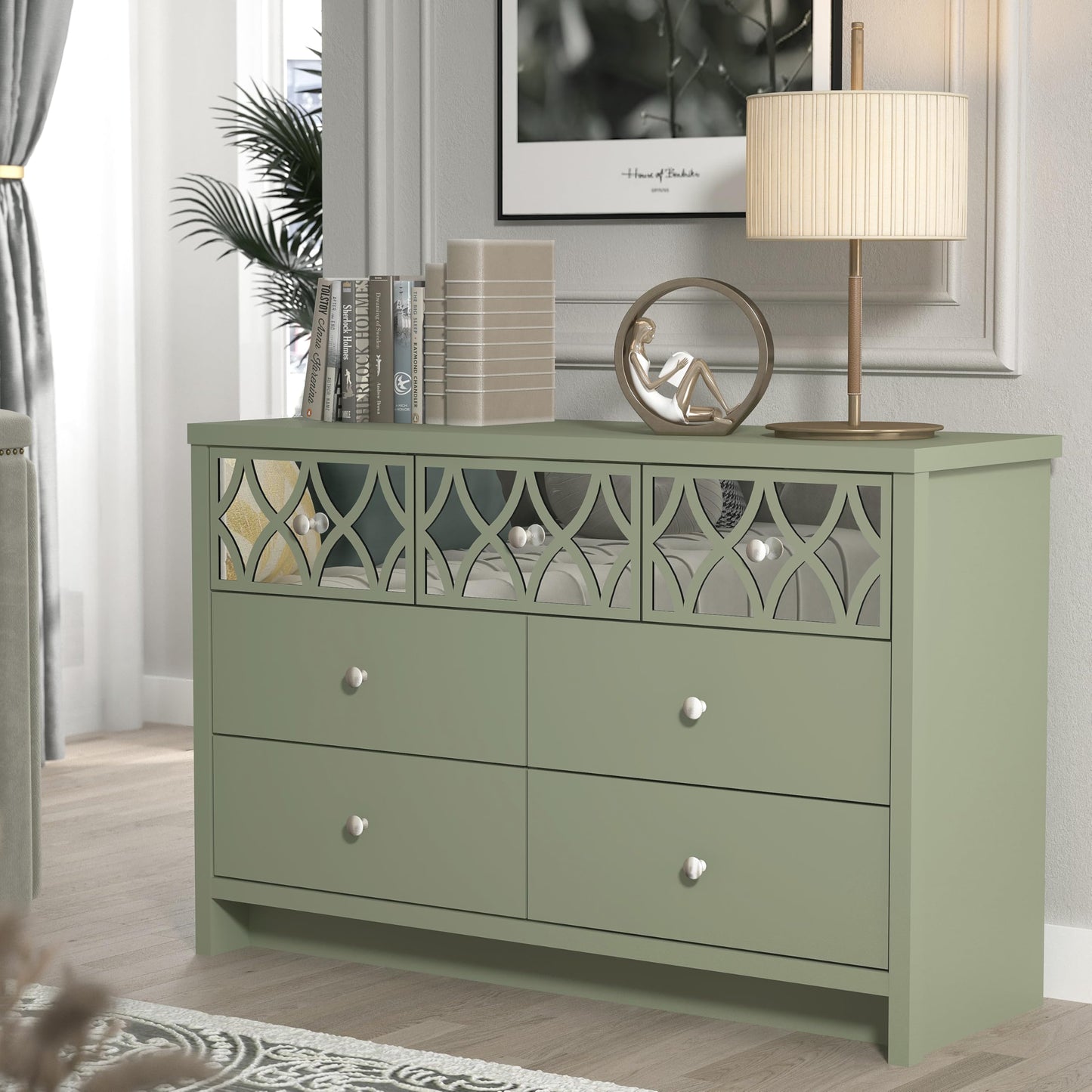 Galano Iris 3+4 Drawer Chest - Modern Multi Chest with Mirrored Drawers - Organizers and Storage Cabinet for Bedroom – Console for Entryway - Hallway or Living Room - Sage Green