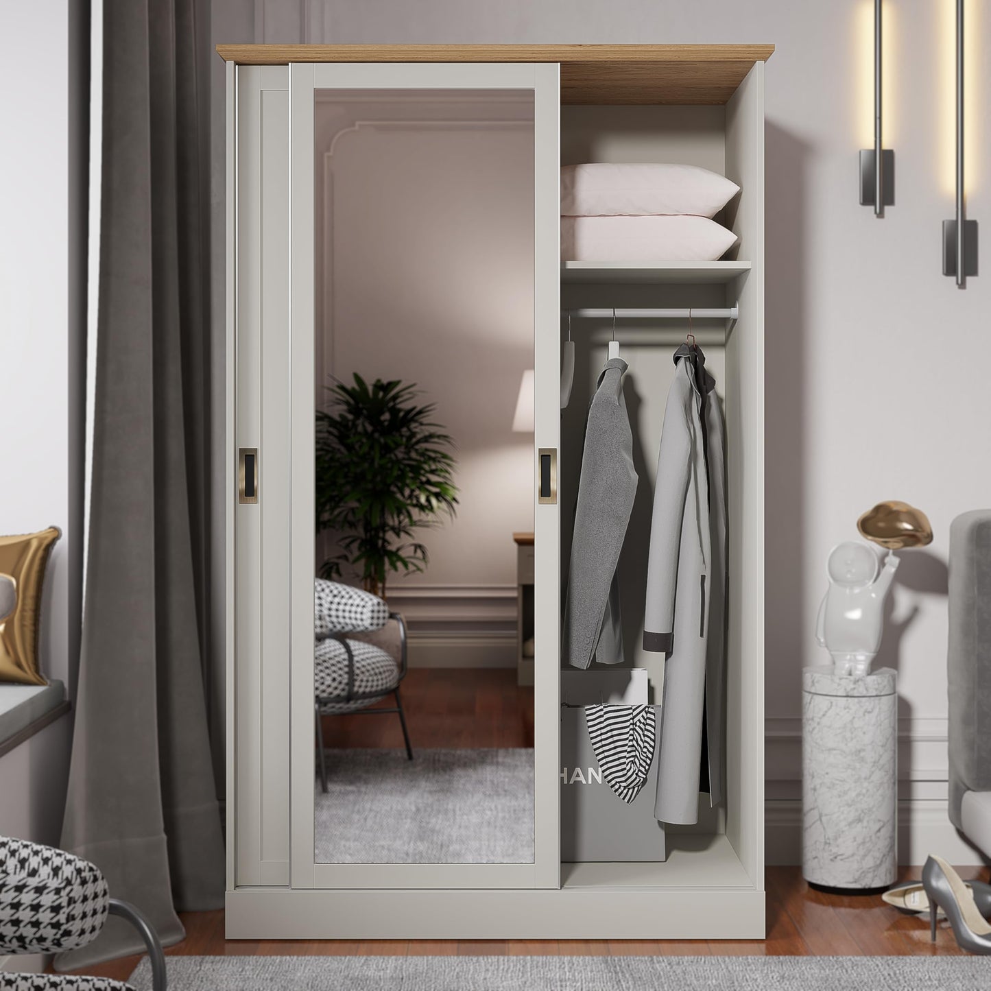 Galano Durban 2 Door Sliding Wardrobe with Mirror - Space Saving Stylish and Sturdy 2 Door Minimalist Wardrobe - Bedroom Furniture Unit with Hanging Rail Storage (White/Oak)