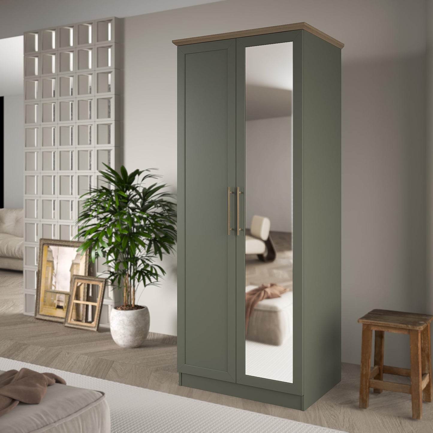 Galano Cleverton 2 Door Wardrobe with Mirror - Stylish & Sturdy Wardrobe with Bar Gold Metal Handle - Bedroom Furniture Unit with Hanging Rail Storage (Dark Green/Oak)