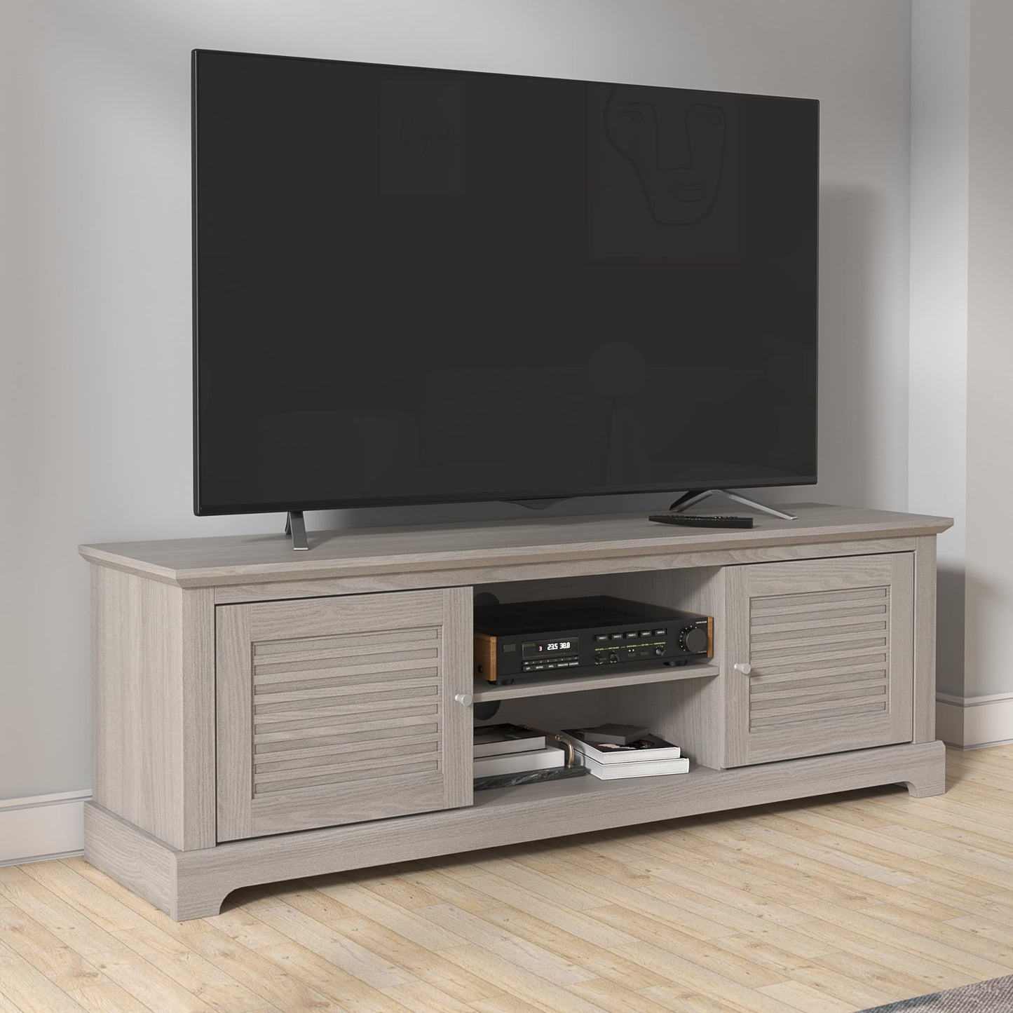 Galano Milan Wide TV Unit, Entertainment Centre for up to 65" TV, 150cm TV Unit with 2 Doors, TV Stand Cabinet for Living Room, Large Storage (Light Grey/Oak)