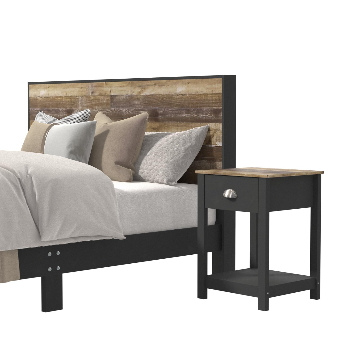 Galano Payne Queen Wood Bed Frame with Headboard & Set of 2 Nightstands, Fit 60'' x 80'' Mattress with Wood Slat Support, No Box Spring Needed, 64.2" L x 85.3" W x 40.1" H, Dusty Grey Oak