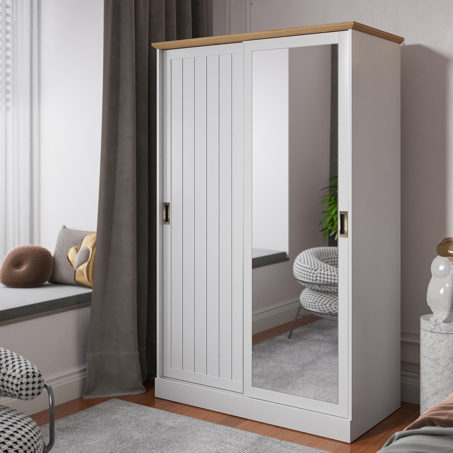 Galano Durban 2 Door Sliding Wardrobe with Mirror - Space Saving Stylish and Sturdy 2 Door Minimalist Wardrobe - Bedroom Furniture Unit with Hanging Rail Storage (White/Oak)