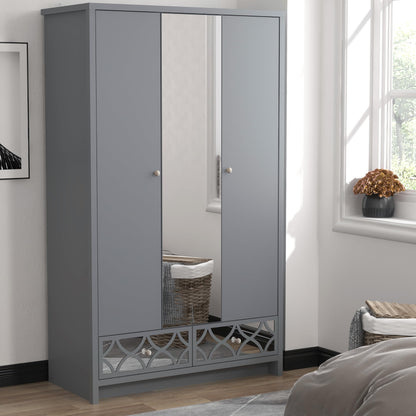 Galano Iris 3 Door 2 Drawer Wardrobe - Modern Stylish Bedroom Furniture Unit with Mirror Effect - Storage Organizer with Hanging Rail Storage and Drawer (Cool Grey)