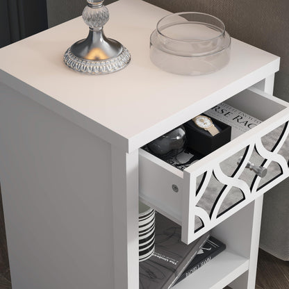 Galano Iris 1 Drawer Side Table - Modern Mirrored Lamp Table with Storage - Living Furniture - Organizers & Storage Cabinet for Hallway, Entryway (White)