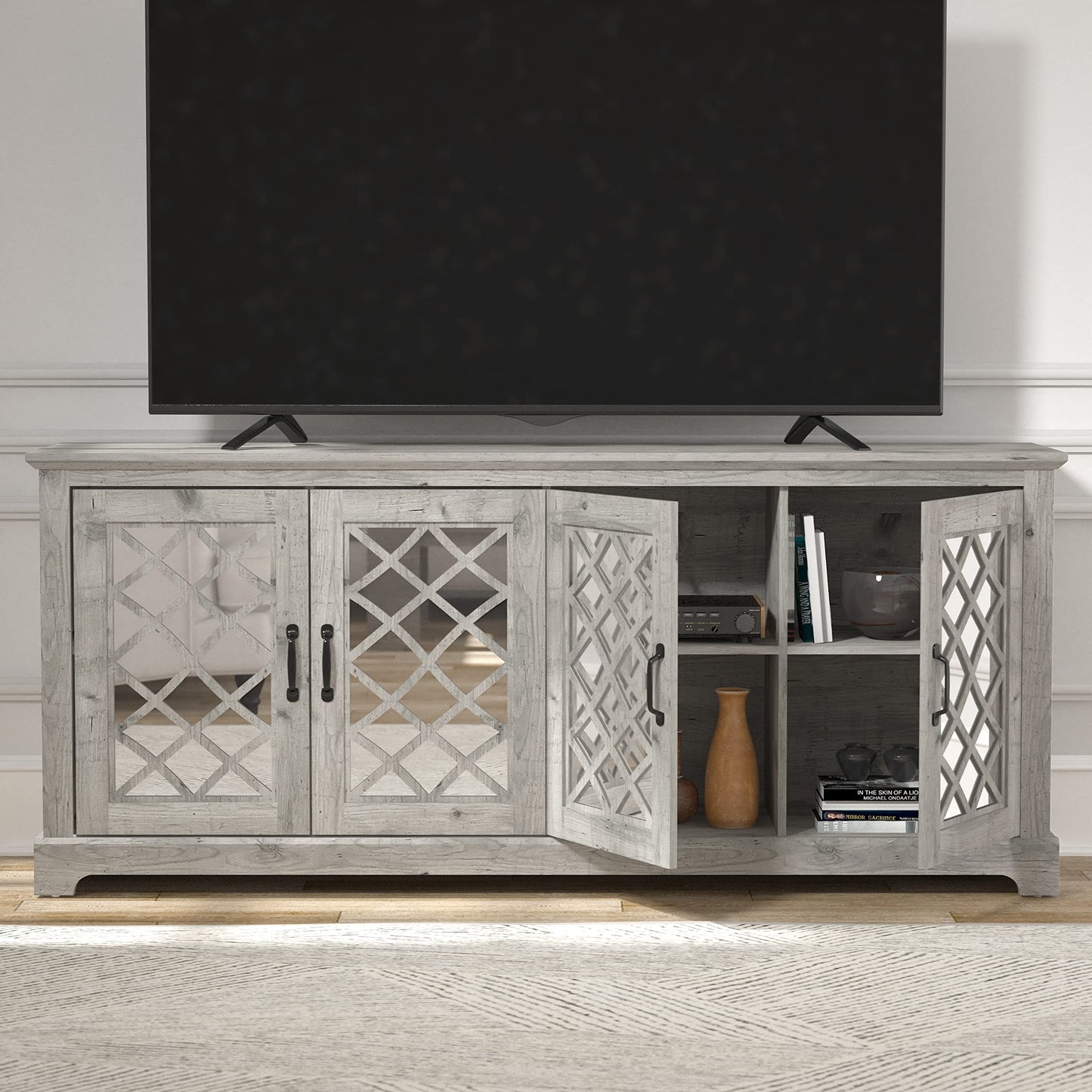 Galano Millicent 75 Inch TV Stands for Living Room with Storage, 17.1" D x 68.2" W x 29.3" H, Black Knotty Grey Oak