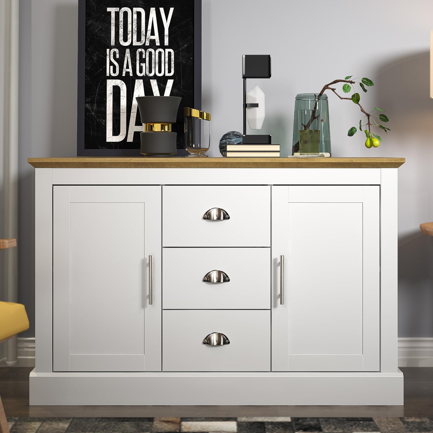 Galano Sufy 2 Door 3 Drawer Sideboard - Storage Cabinet with 2 Doors and 3 Drawers - Living Room & Hallway Storage Unit - D39.8 x W112.5 x H74.0cm (White)