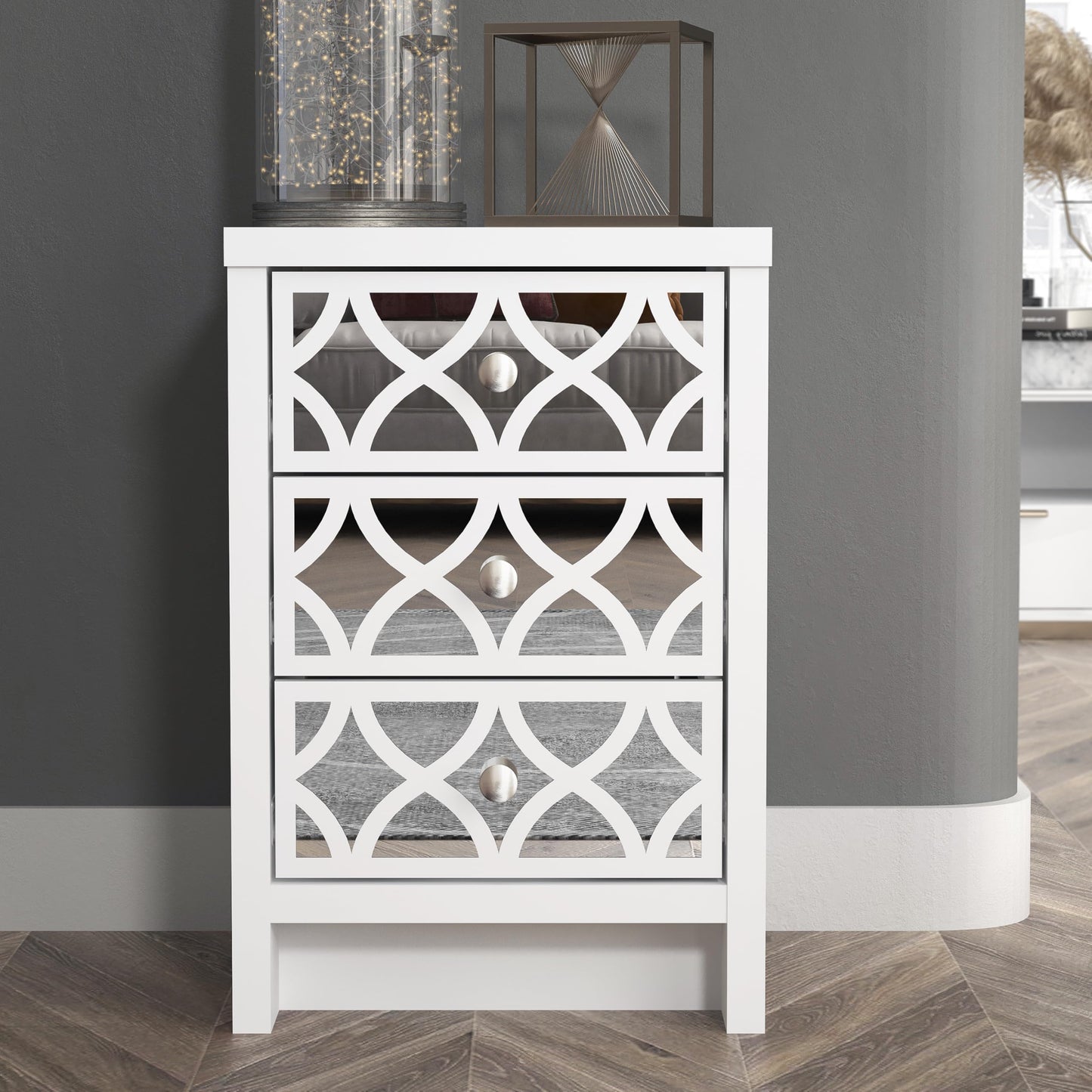 Galano Iris 3 Drawer Bedside - Modern Stylish Cabinet with Mirrored Drawers - Organizers and Storage for Bedroom – Console for Entryway - Hallway or Living Room (White)