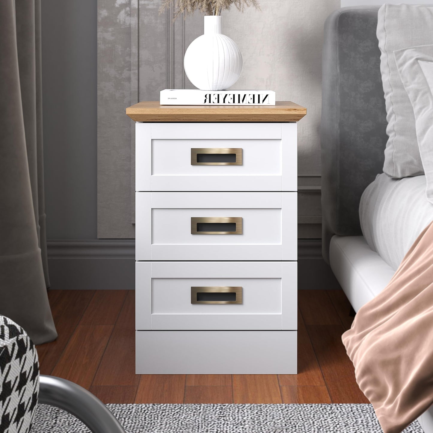 Galano Durban 3 Drawer Bedside Table - Stylish Side Table with Storage - Nightstands Bedroom Furniture - Organizers & Storage Cabinet for Hallway, Entryway or Livingrom (Light Grey/Oak)