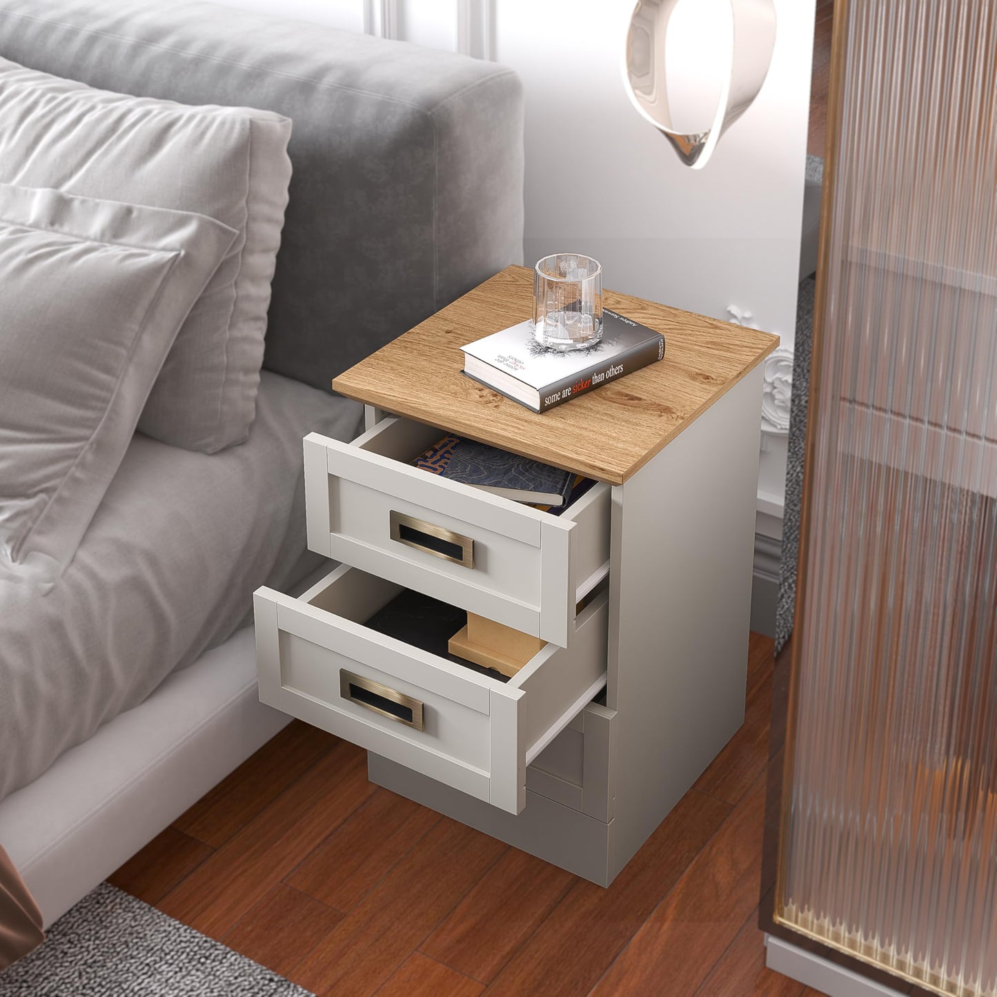 Galano Durban 3 Drawer Bedside Table - Stylish Side Table with Storage - Nightstands Bedroom Furniture - Organizers & Storage Cabinet for Hallway, Entryway or Livingrom (Light Grey/Oak)