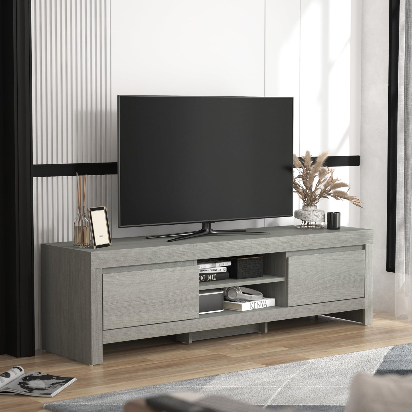 Galano Cubbot Wide TV-Möbel – Entertainment-Center für bis zu 55 Zoll große Fernseher – TV-Möbel mit 2 Schubladen und Mittelregal – TV-Ständerschrank für das Wohnzimmer – Dunkelgrau