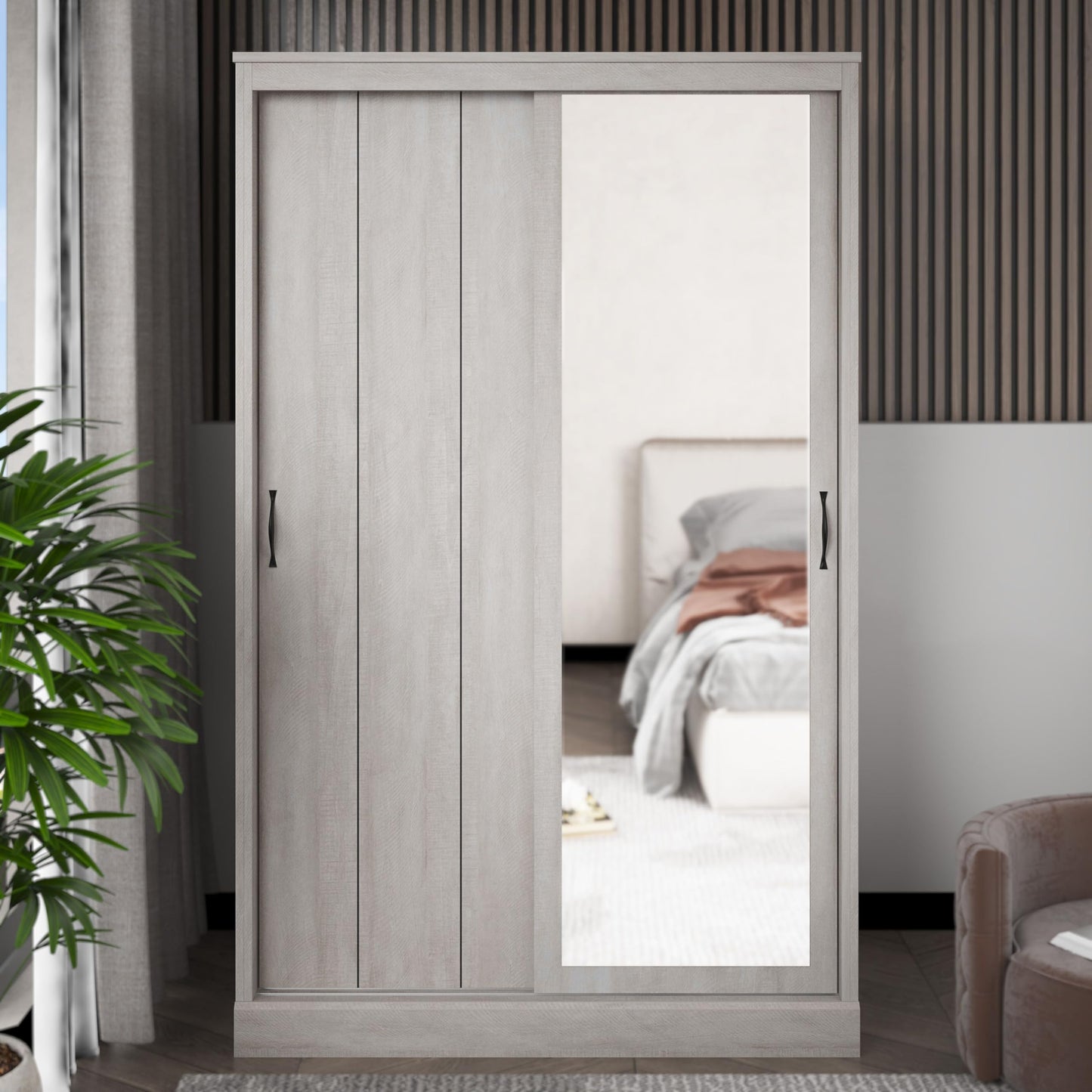 Galano Bristol 2 Door Sliding Wardrobe - Space Saving Stylish and Sturdy 2 Door Wardrobe - Bedroom Furniture Unit with Hanging Rail Storage (Dusty Grey Oak)