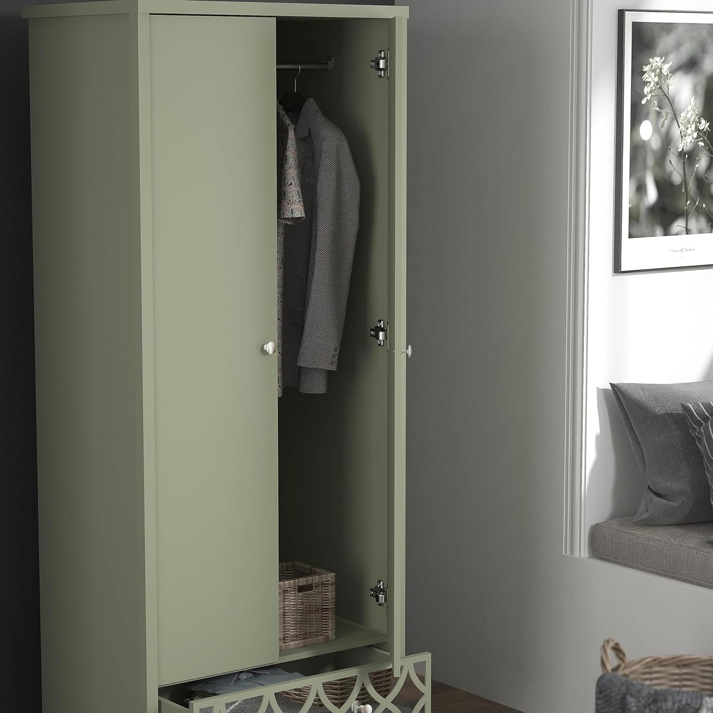 Galano Iris 2 Door 1 Drawer Wardrobe - Bedroom Furniture Unit with Hanging Rail Storage and Drawer, Wardrobe Storage Organizer - Sage Green