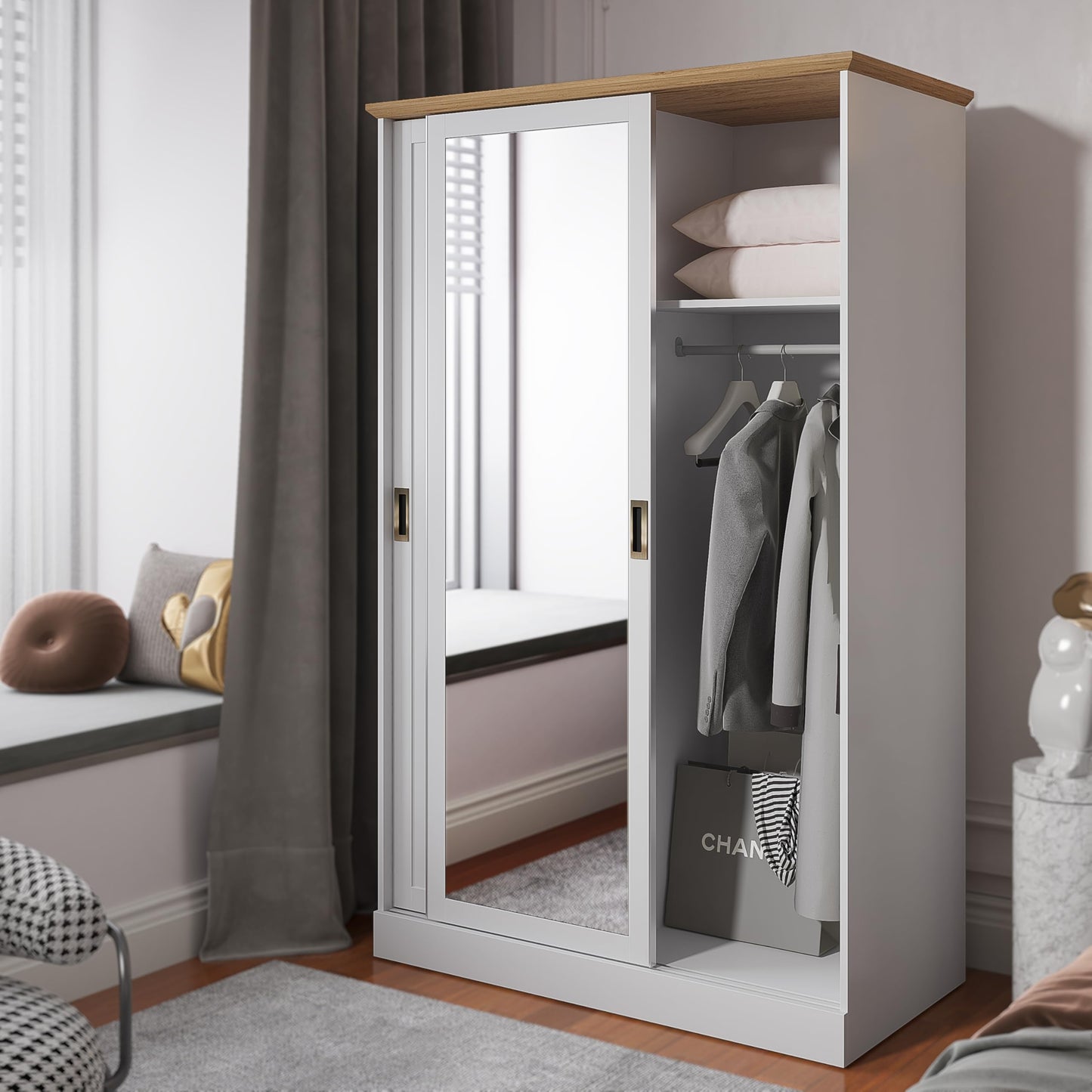 Galano Durban 2 Door Sliding Wardrobe with Mirror - Space Saving Stylish and Sturdy 2 Door Minimalist Wardrobe - Bedroom Furniture Unit with Hanging Rail Storage (White/Oak)