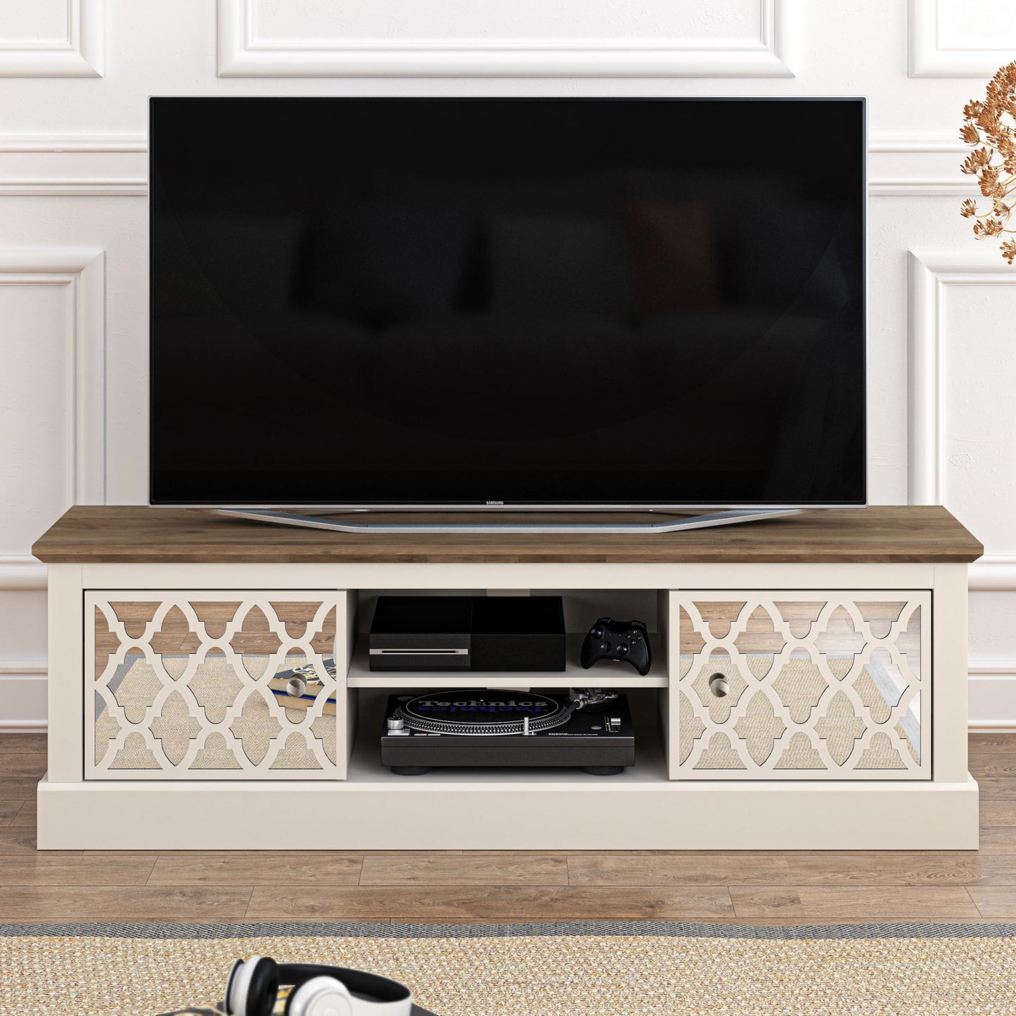 Galano Sufly 2 Door TV Unit, Entertainment Centre for up to 55" TV, TV Stand Cabinet for Living Room, Large Storage (Ivory/Oak)