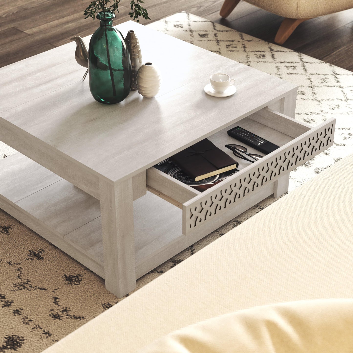 Galano Japtur Coffee Table, Modern Top Square Coffee Table with Storage Drawer, 2 Tier Center Table for Living Room, Office, Balcony, 31.5" D x 31.5" W x 16.3" H, Dusty Grey Oak