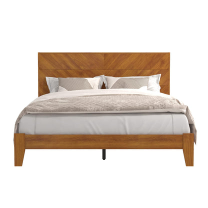 Galano Weiss Wood Platform Queen Bed Frame with Headboard, Fit 60'' x 80'' Mattress Foundation with Wood Slat Support, No Box Spring Needed, 64.2" L x 85.3" W x 40.1" H, Amber Walnut