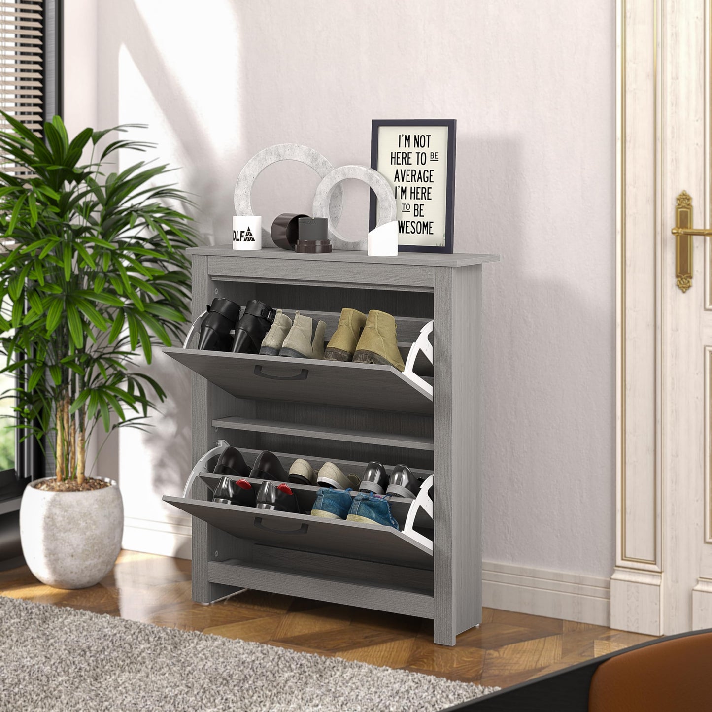 Galano Limestone Shoe Cabinet - 2 Door Folding Extendable Shoe Rack for Slim Storage Organiser in Hallway, Living Room or Entryway - ‎22 x 79 x 90.0 cm - White