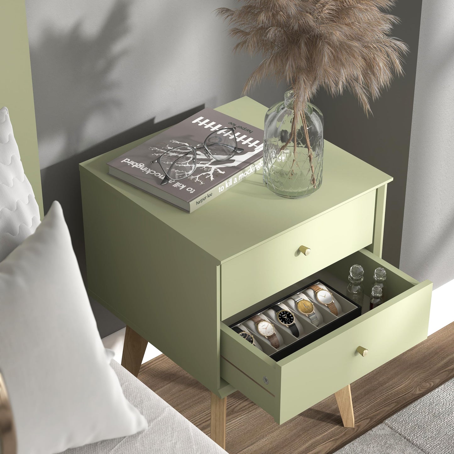 Galano Abby Bedside Table - Stylish 2 Drawer Bedside - Side Table with Storage - Storage Cabinet for Hallway - Entryway or Bedroom (Light Grey/Oak)