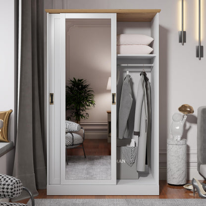 Galano Durban 2 Door Sliding Wardrobe with Mirror - Space Saving Stylish and Sturdy 2 Door Minimalist Wardrobe - Bedroom Furniture Unit with Hanging Rail Storage (White/Oak)