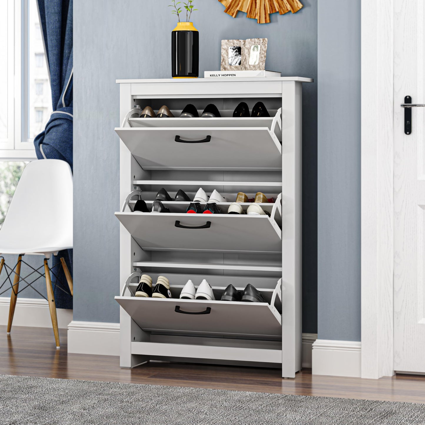 Galano Limestone 3 Door Shoe Cabinet - Slim Storage Cabinet - Organizers and Storage Cabinet for Hallway - Entryway or Living Room (Light Grey)