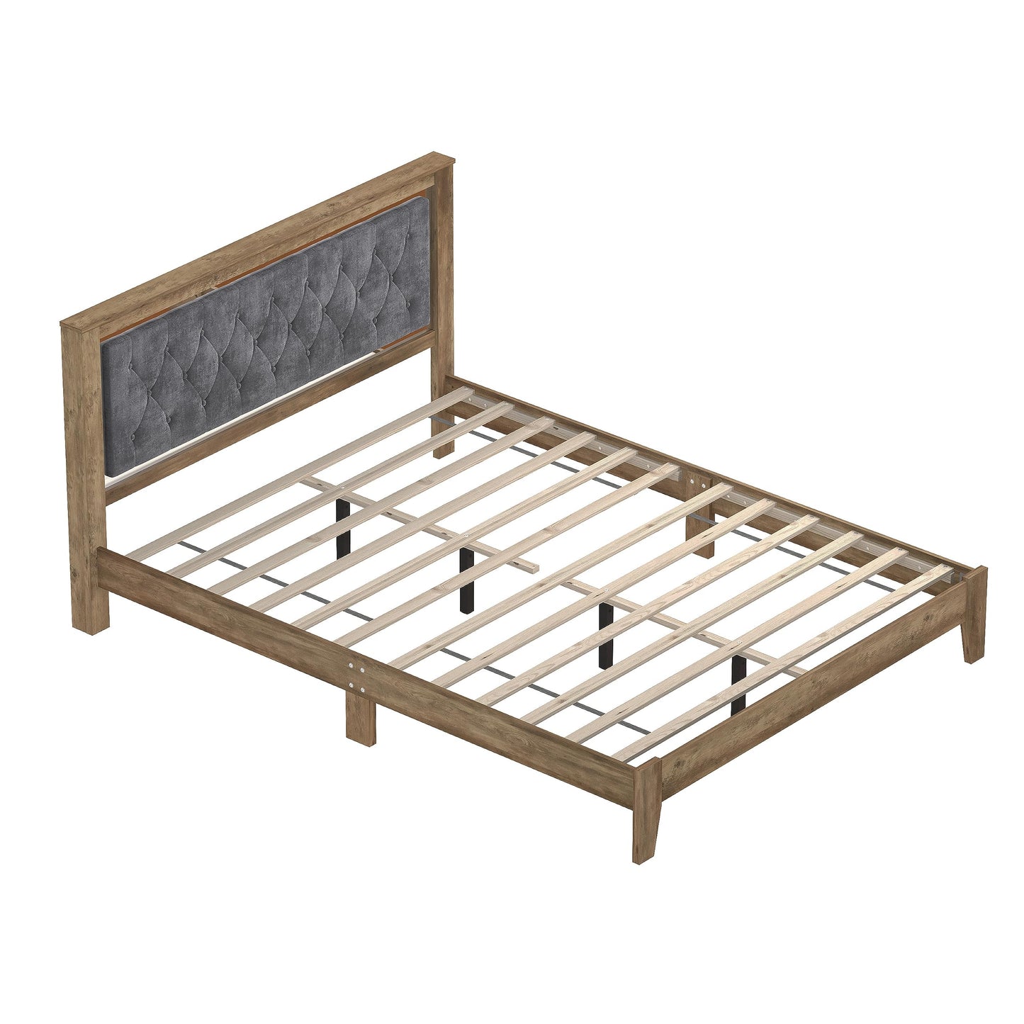 Galano Diwata Queen Size Bed Frame with Cushioned Headboard & Wooden Slats Support, Mattress Foundation, No Box Spring Needed, 64.64" L x 85.94" W x 39.57" H, Knotty Oak