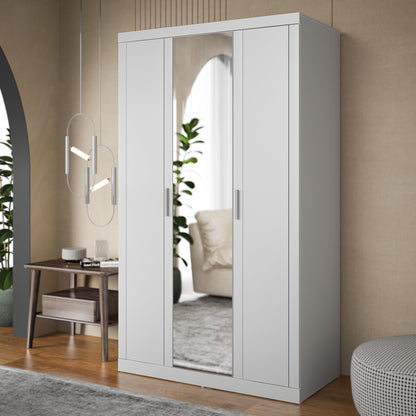 Galano Kimberley 3 Door Wardrobe with Mirror - Mirrored Stylish & Sturdy Wardrobe - Bedrrom Furniture with Hanging Rail Storage (White)