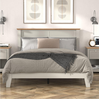 Galano Milan Double Bed - Stylish Wooden Bedframe with Mirrored Headboard - Sturdy Bedframe for Adult - Wood Slat Support - Easy Assembly – Bedroom Furniture (Pearl White Oak)