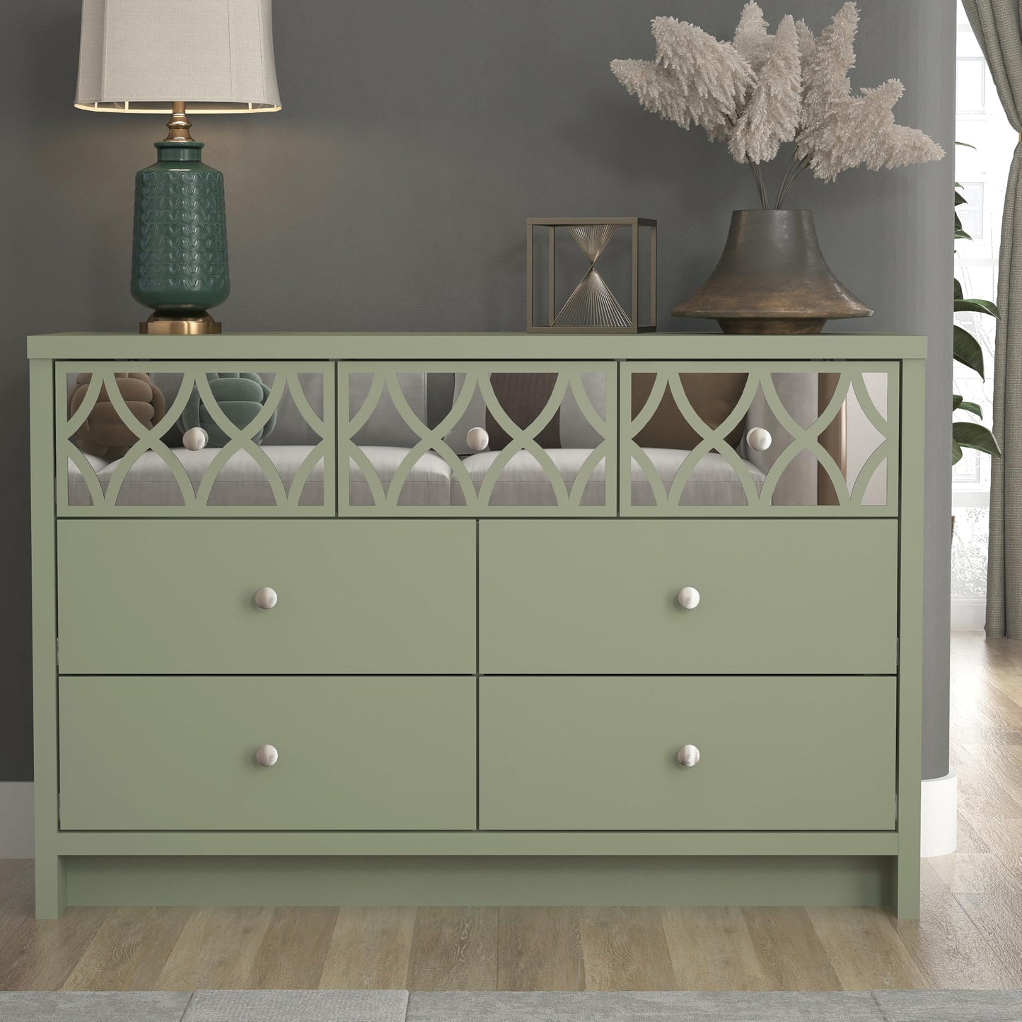 Galano Iris 3+4 Drawer Chest - Modern Multi Chest with Mirrored Drawers - Organizers and Storage Cabinet for Bedroom – Console for Entryway - Hallway or Living Room - Sage Green