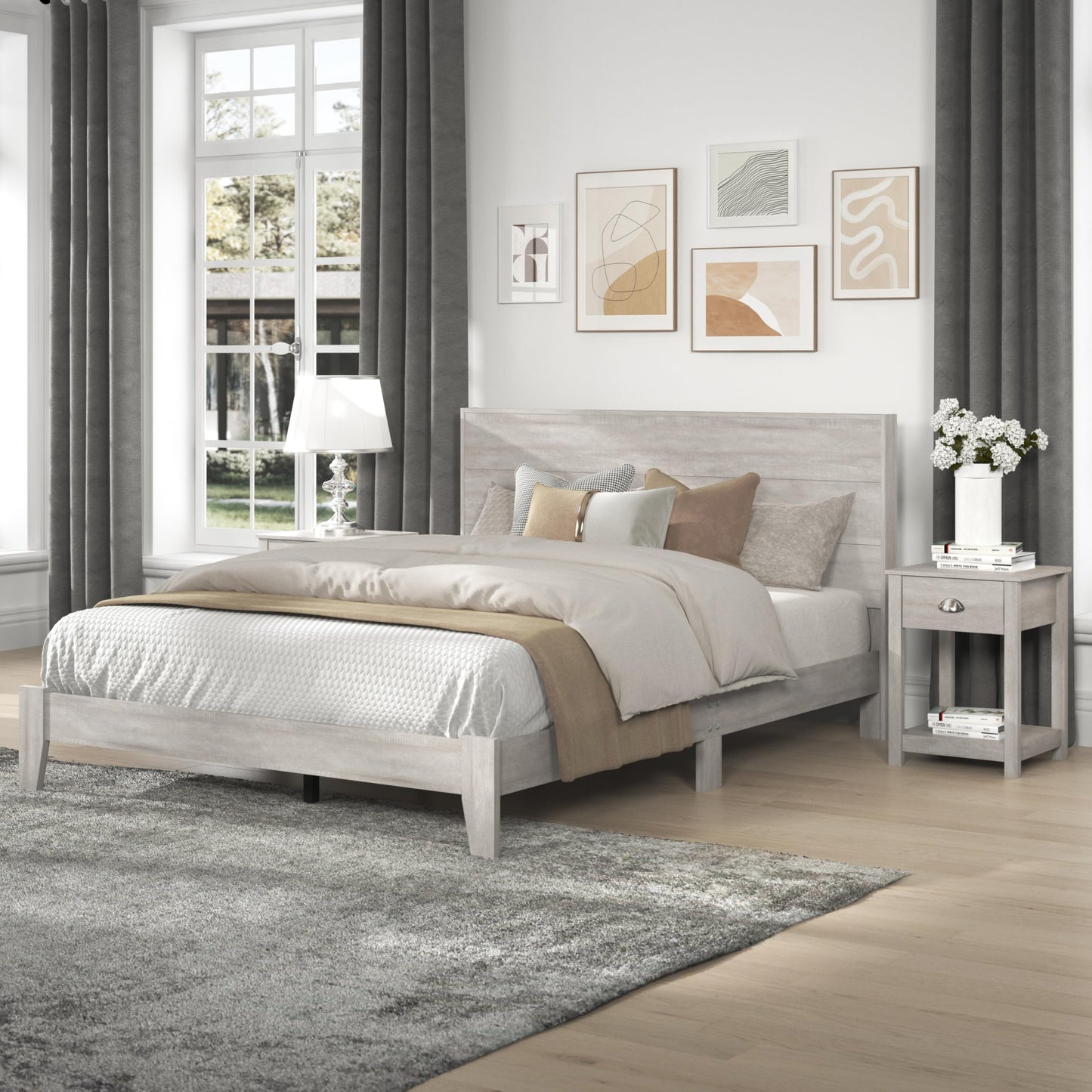 Galano Payne Queen Wood Bed Frame with Headboard & Set of 2 Nightstands, Fit 60'' x 80'' Mattress with Wood Slat Support, No Box Spring Needed, 64.2" L x 85.3" W x 40.1" H, Dusty Grey Oak