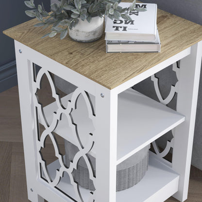 Galano Nova Side Table with Shelf- Modern Distressed Oak Finish - Bookshelf Cabinet for Hallway - Entryway - Foyer - Living Room - Bedroom - Space Saving (White/Oak)