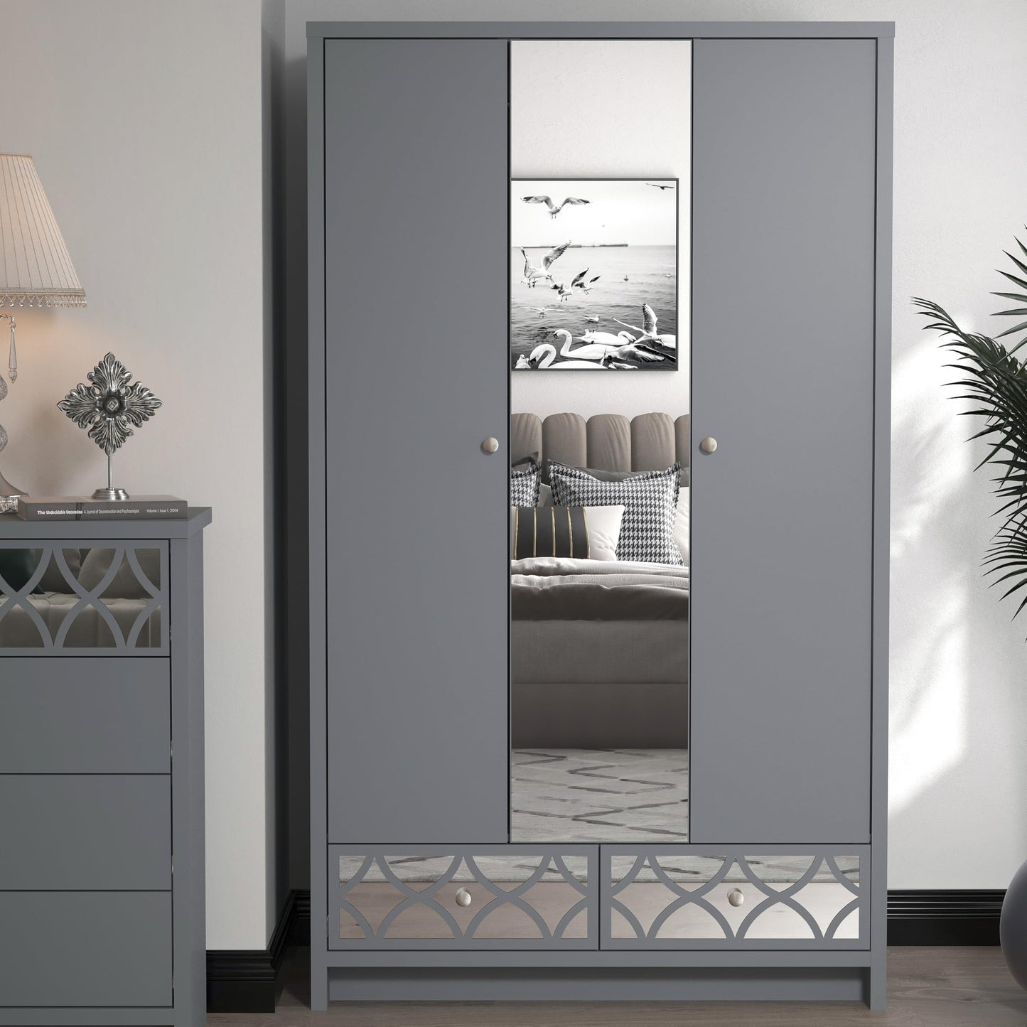 Galano Iris 3 Door 2 Drawer Wardrobe - Modern Stylish Bedroom Furniture Unit with Mirror Effect - Storage Organizer with Hanging Rail Storage and Drawer (Cool Grey)