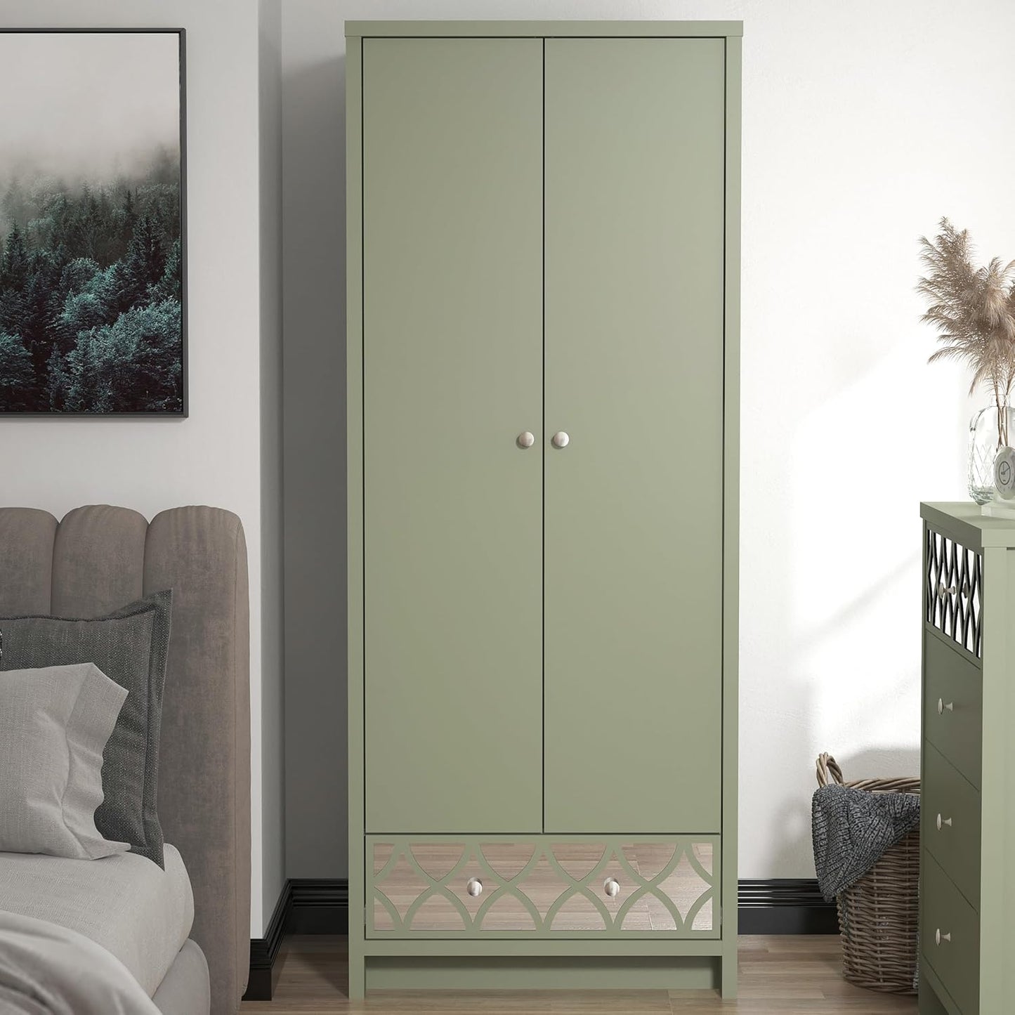 Galano Iris 2 Door 1 Drawer Wardrobe - Bedroom Furniture Unit with Hanging Rail Storage and Drawer, Wardrobe Storage Organizer - Sage Green