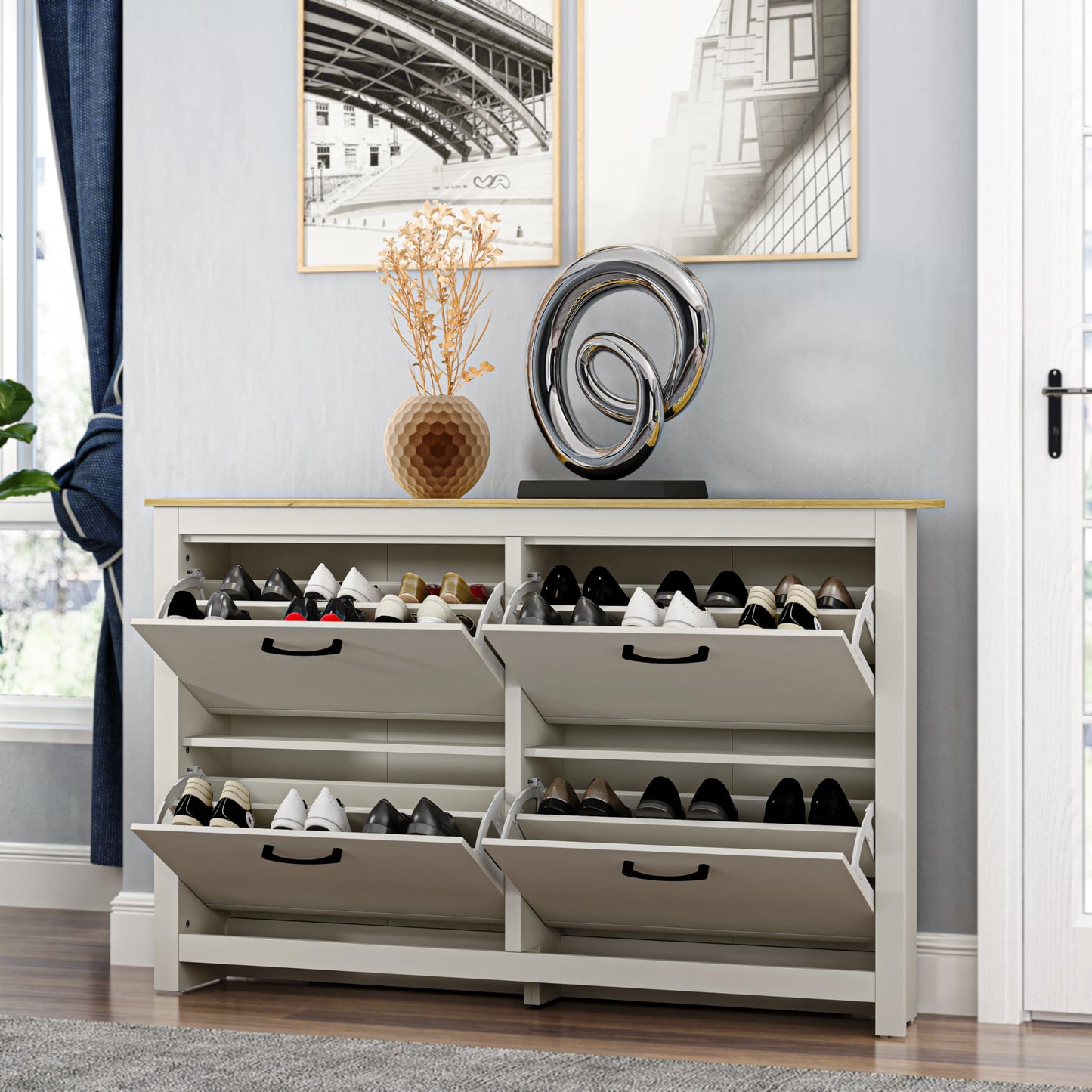 Galano Limestone 3 Door Shoe Cabinet - Slim Storage Cabinet - Organizers and Storage Cabinet for Hallway - Entryway or Living Room (Light Grey)