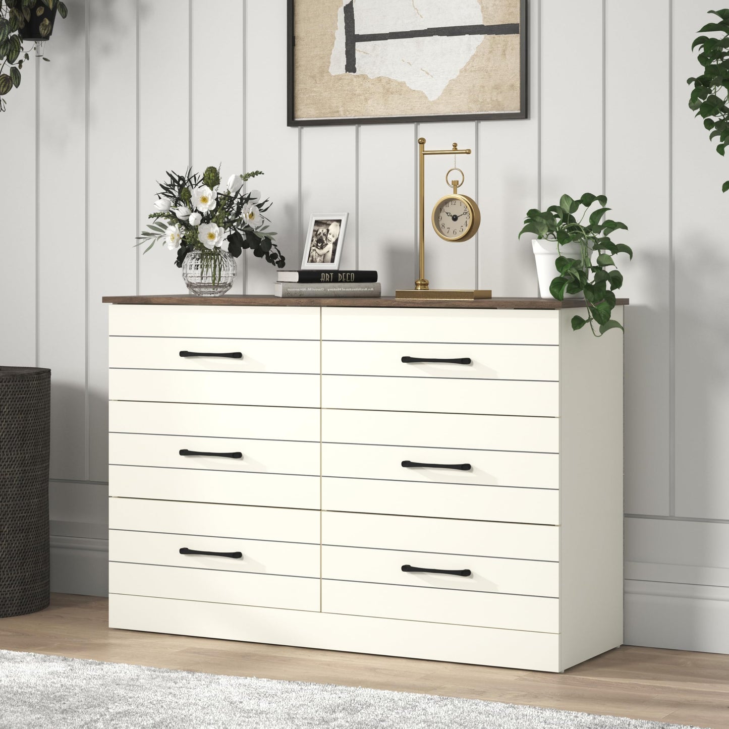 Galano Avaro Wooden 6 Drawer Dresser Interlock for Bedroom, Wide Chest of Drawers for Children and Nursery, Closet Organizer Storage for Kids, 15.7" D x 45.4" W x 32.0" H, Dusty Grey Oak