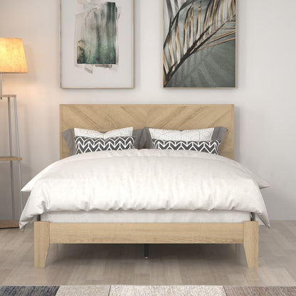 Galano Fiosoa Double Bed - Stylish Fishbone Design Bedframe with Headboard - Sturdy Bedframe for Adult with Wood Slat Support - Easy Assembly - Oslo Oak