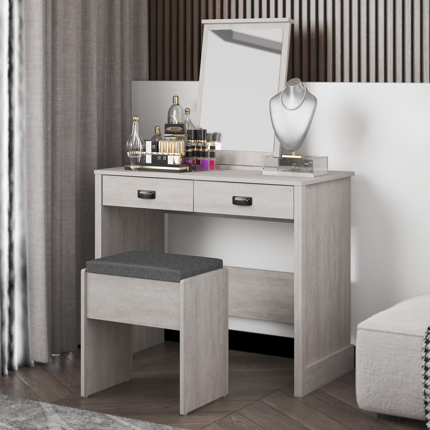 Galano Bristol Dressing Table with Mirror and Cushioned Stool - Bedroom Large Vanity Makeup Table with Drawer Storage – Console Table for Home Hallway and Living (Bristol)