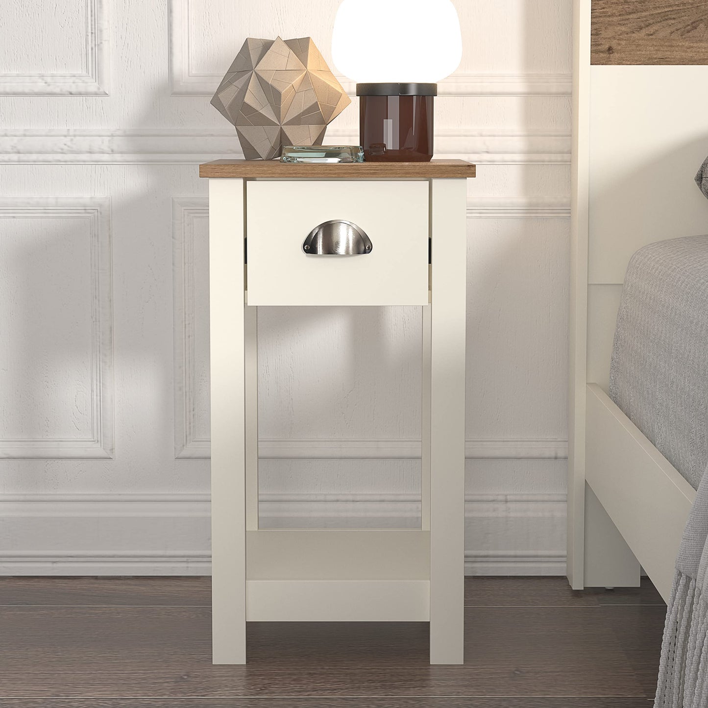 Galano Lilly Bedside Table - Stylish Bedside and Slim Bedside Table - Side Table with Storage - Organizers and Storage Cabinet for Hallway - Entryway or Bedroom (Cool Grey + Beaufort Oak)